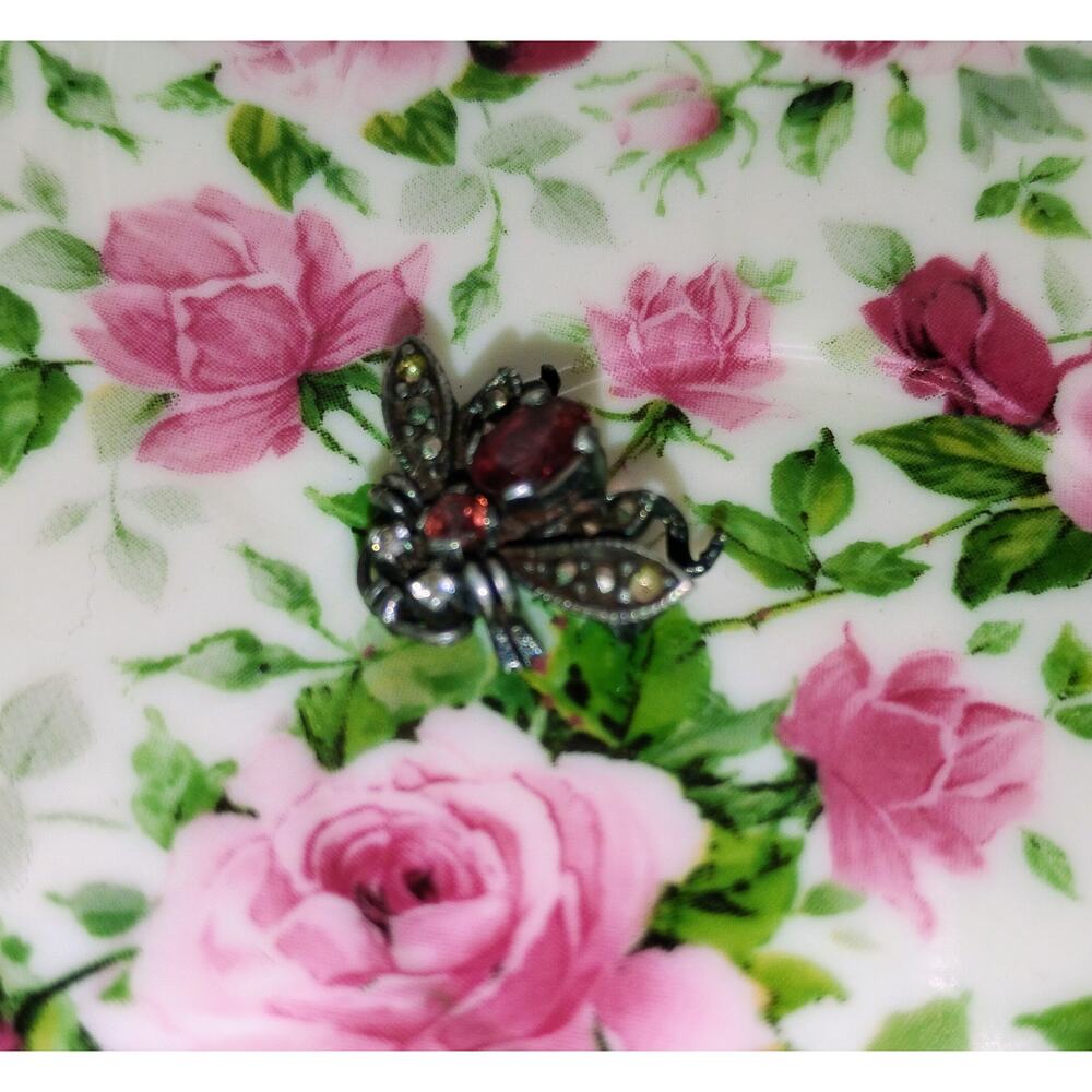Vintage Marcasite Red Rhinestone Insect Brooch Mid Century